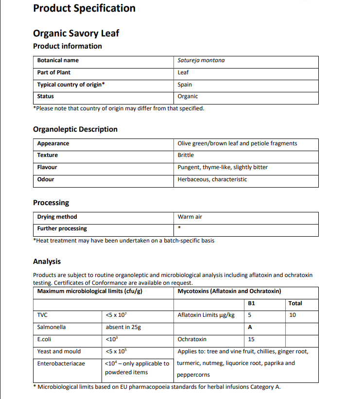 Product specification sheet for Organic Winter Savory Leaf with details on botanical name, origin, appearance, flavor, and processing methods.