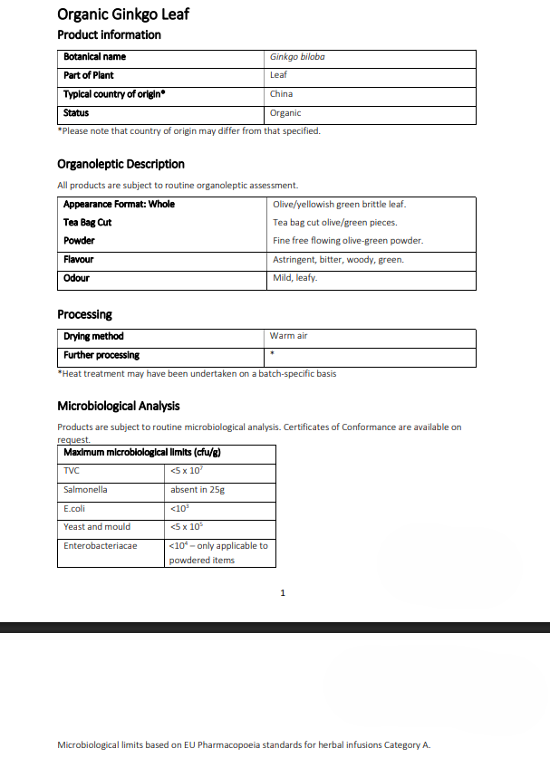 Product information sheet for Organic Ginkgo Leaf with details on appearance, processing, and microbiological analysis.