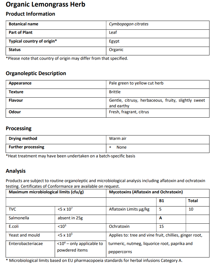 Product information sheet for Organic Lemongrass Herb from Botanical Remedies with details on botanical name, part of plant, country of origin, appearance, texture, flavor, odor, drying method, and analysis limits.