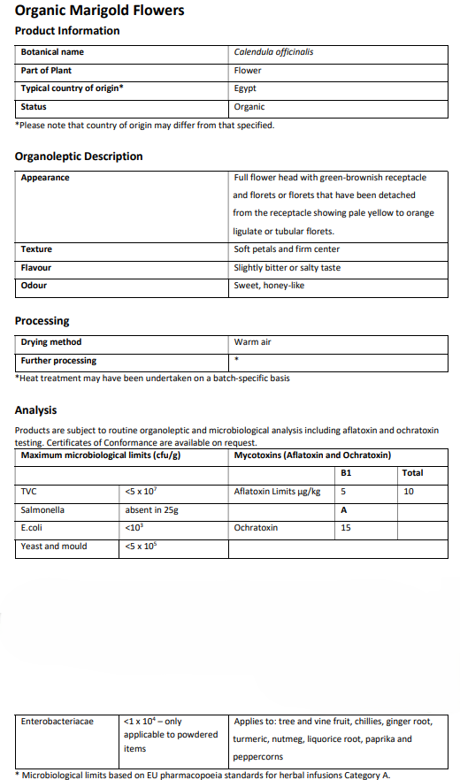 Product information sheet for Organic Marigold Flowers with details on botanical name, part of plant, typical country of origin, organoleptic description, processing methods, and analysis limits.