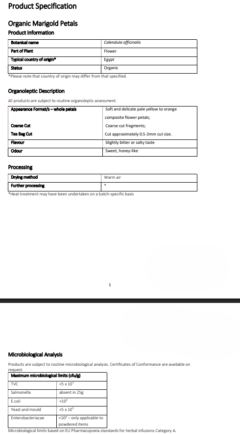 Product specification sheet for Organic Marigold Petals with details on origin, description, and microbiological analysis.