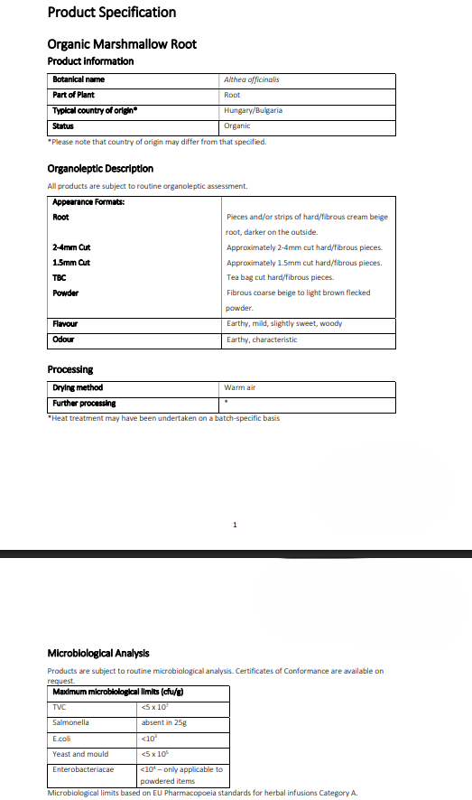 Product specification sheet for Organic Marshmallow Root with details on appearance, processing, and microbial analysis.