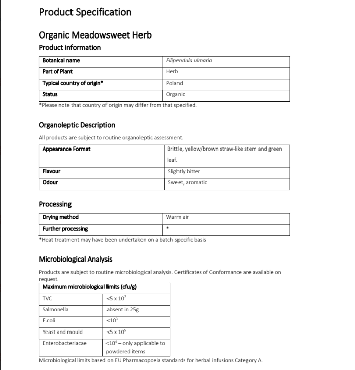 Product specification sheet for Organic Meadowsweet Herb with details on botanical name, origin, appearance, flavor, odor, processing, and microbiological analysis.