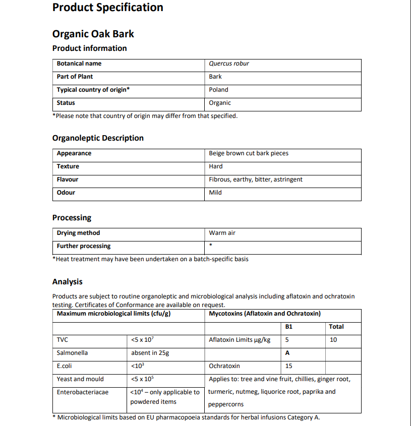 Product specification sheet for Organic Oak Bark with details on botanical name, appearance, processing, and analysis.