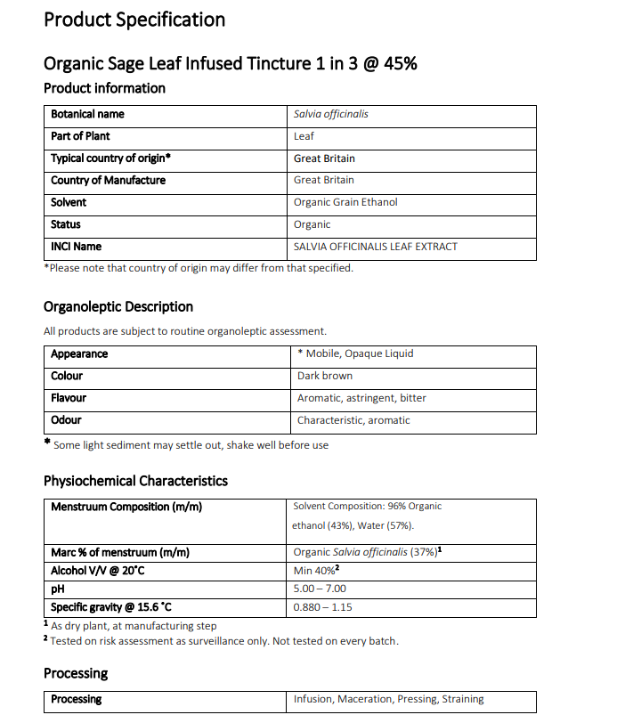 Product specification sheet for Organic Sage Tincture 1 in 3 @ 45%, part used leaf