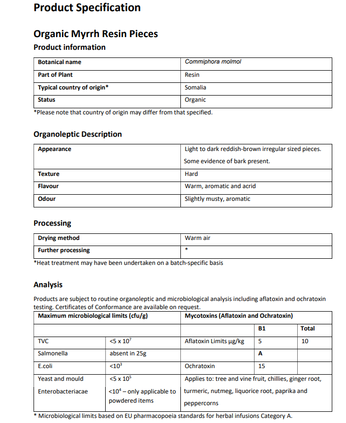 Product specification sheet for Organic Myrrh Resin Pieces with details on botanical name, part of plant, origin, appearance, texture, flavor, odor, drying method, further processing, and analysis.