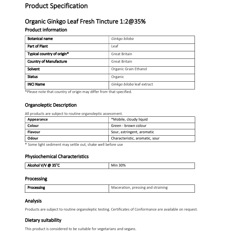 Product specification sheet for Organic Ginkgo Leaf Fresh Tincture 1:2@35% with details on botanical name, organoleptic description, physicochemical characteristics, processing, and dietary suitability.