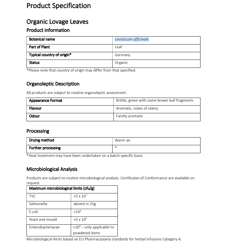 Product specification sheet for Organic Lovage Leaves with details on botanical name, appearance, processing, and microbiological analysis.