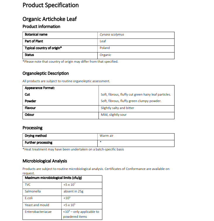 Product specification sheet for organic artichoke leaf