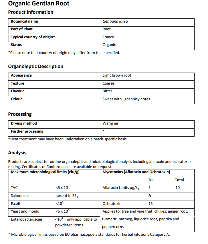 Product information sheet for Organic Gentian Root with details on botanical name, part of plant, country of origin, appearance, texture, flavor, and processing methods.