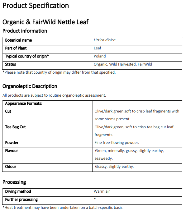 Product specification sheet for Organic & FairWild Nettle Leaf