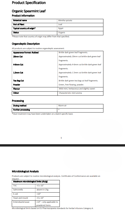 Product specification sheet for Organic Spearmint Leaf from Botanical remedies, with details about flavour, appearance, microbiological analysis.