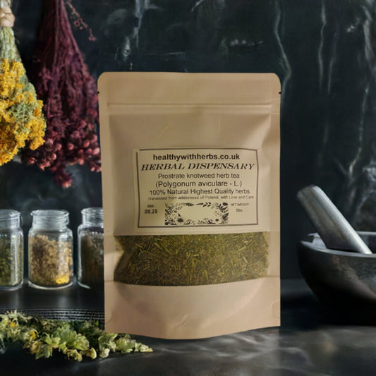 Package with Prostrate knotweed herb, dried and cut, looser herbal tea, an herbal remedy