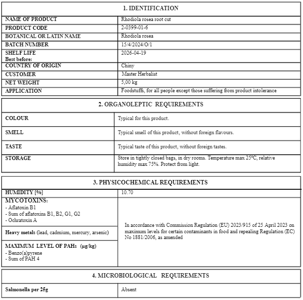 Rhodiola root certificate of analysis