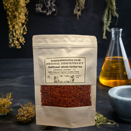 A pack of Safflower petals by Botanical Remedies, with safflower petals visible through the packaging window, an herbal remedy, loose herbal tea
