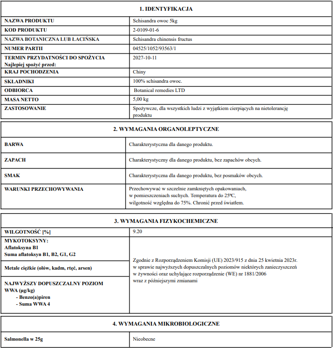 document with certificate of analysis for Schisandra berry