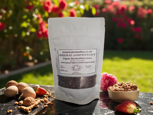 Package with Organic Sea Buckthorn dried berries, an herbal remedy