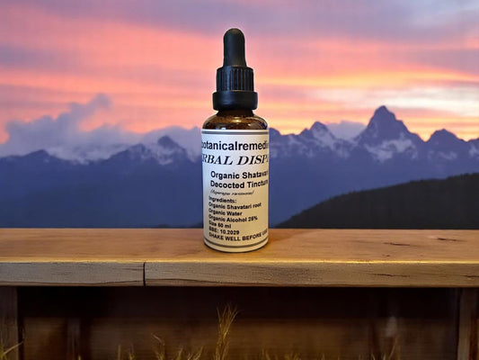 Bottle with Organic Shatavari tincture from Botanical Remedies herbal dispensary, an herbal remedy