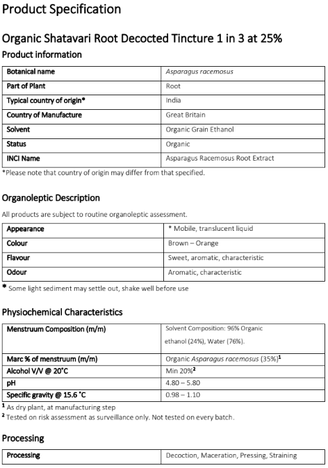 Document with product specification for Organic Shatavari tincture