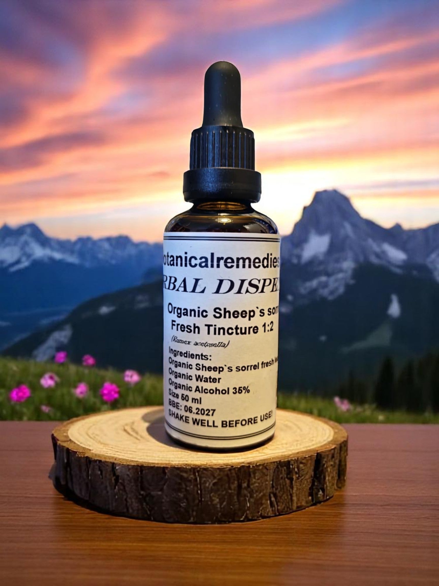 Bottle with Organic Sheep Sorrel Tincture, an herbal remedy