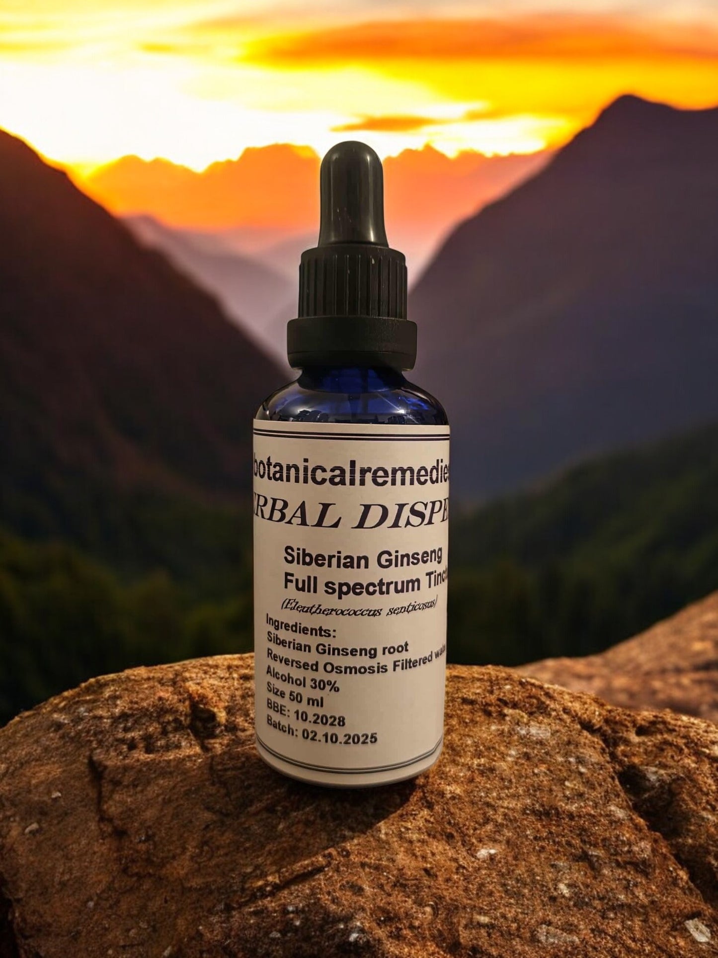 dropper Bottle of Botanical Remedies Herbal Dispensary Siberian Ginseng Full Spectrum Tincture, an herbal remedy triple extracted Siberian Ginseng full spectrum