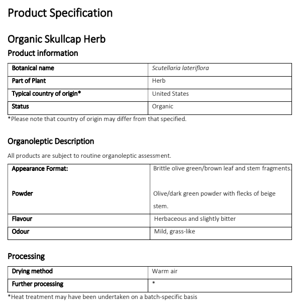Organic Skullcap product specification