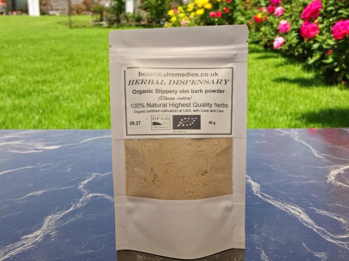 Package with Organic Slippery elm bark powder, an herbal remedy