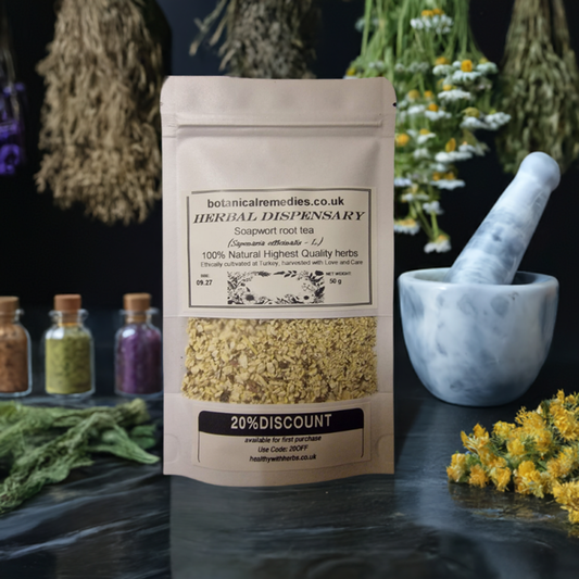 Package with herbal remedy, Soapwort root, dried and cut, loose herbal tea