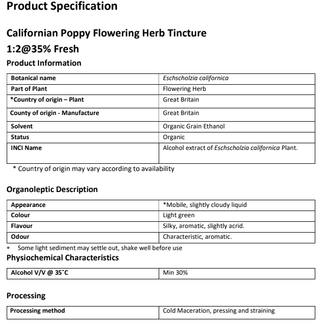 Specification of  Californian Poppy Tincture organic