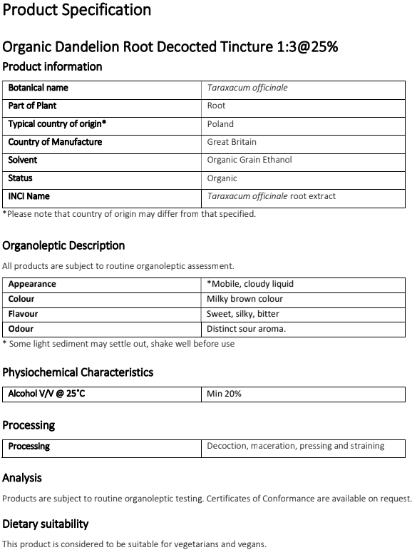 Specification of Organic Dandelion root tincture