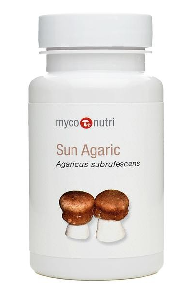 A bottle of Myconutri Sun Agaric mushroom capsules with the label showing the product name and an image of the mushroom.