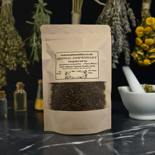 Package with Superior Gynostemma Jiaogulan leaf from Botanical Remedies herbal dispensary, an herbal remedy, loose herbal tea