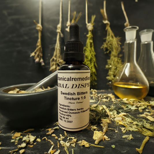 A bottle of Swedish Bitters Tincture 1:5 with a dropper, traditional herbal remedy