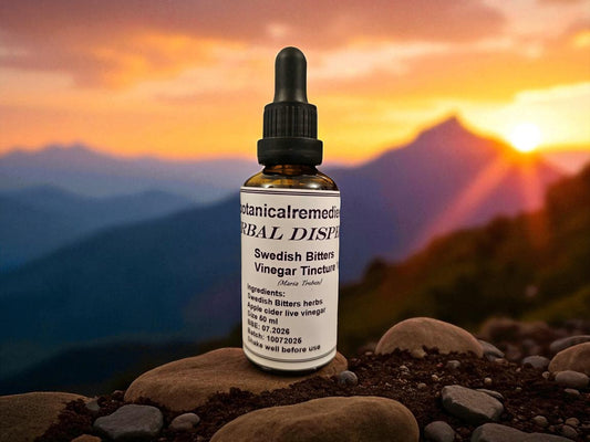 Dropper Bottle of Swedish Bitters Vinegar Tincture from Botanical Remedies herbal dispensary, an herbal remedy, zero alcohol tincture