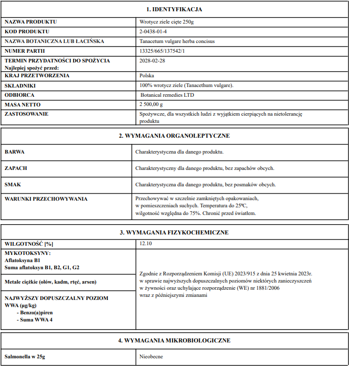 Certificate of analysis for Tansy herb product