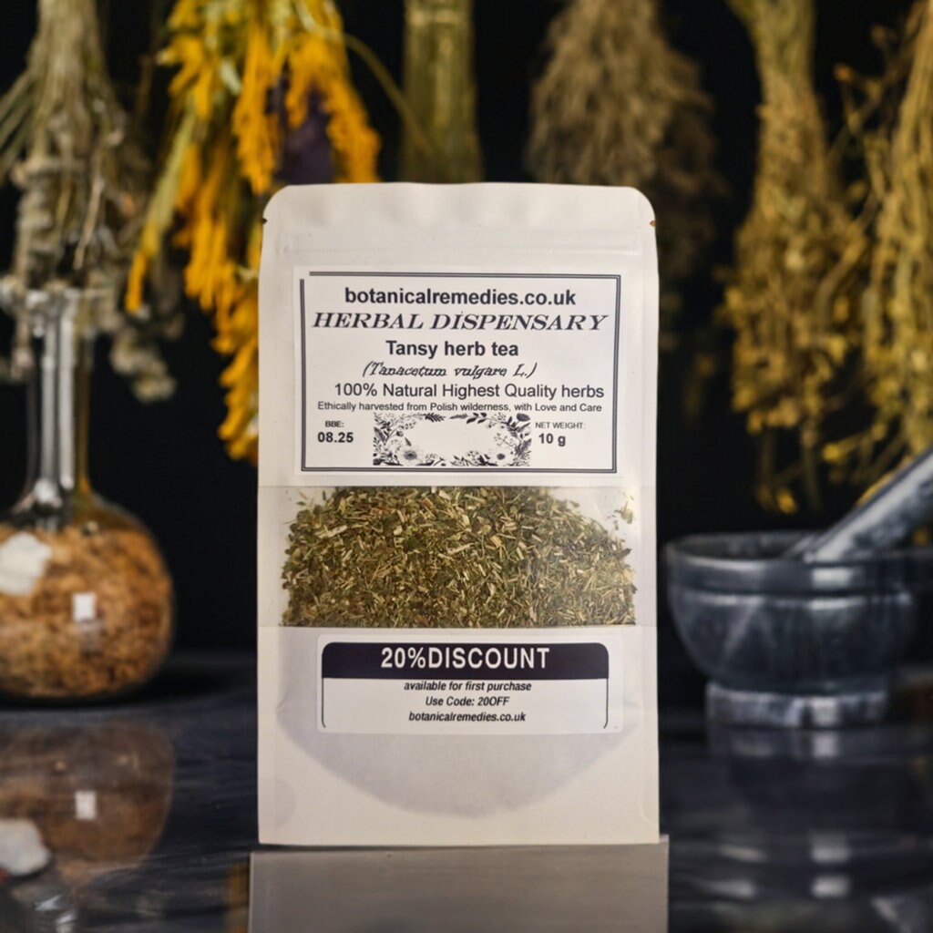 Package with tansy herb, dried and cut, loose herbal tea, an herbal remedy