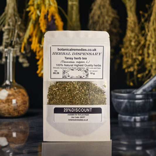 Package with tansy herb, dried and cut, loose herbal tea, an herbal remedy