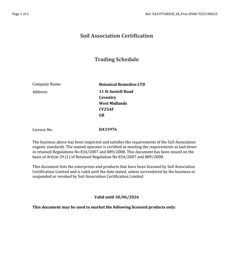 Soil Association Certification document for Botanical Remedies LTD
