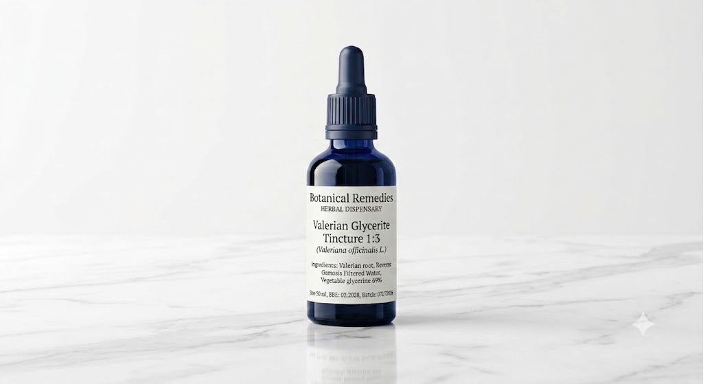A 50ml cobalt blue glass dropper bottle of alcohol-free Valerian Glycerite Tincture 1:3 (Valeriana officinalis L.) by Botanical Remedies, showcasing a clean white label standing centered on a polished white marble tabletop background.
