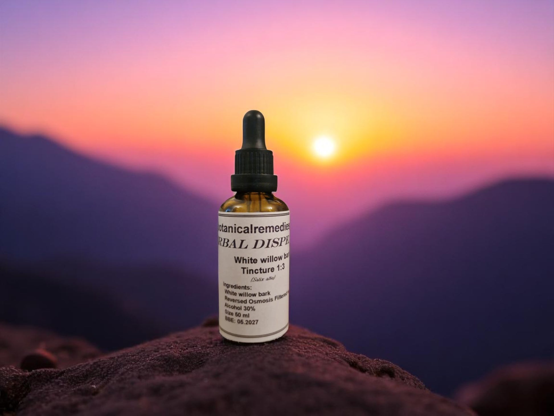 dropper bottle with White willow fresh bark Tincture, an herbal remedy