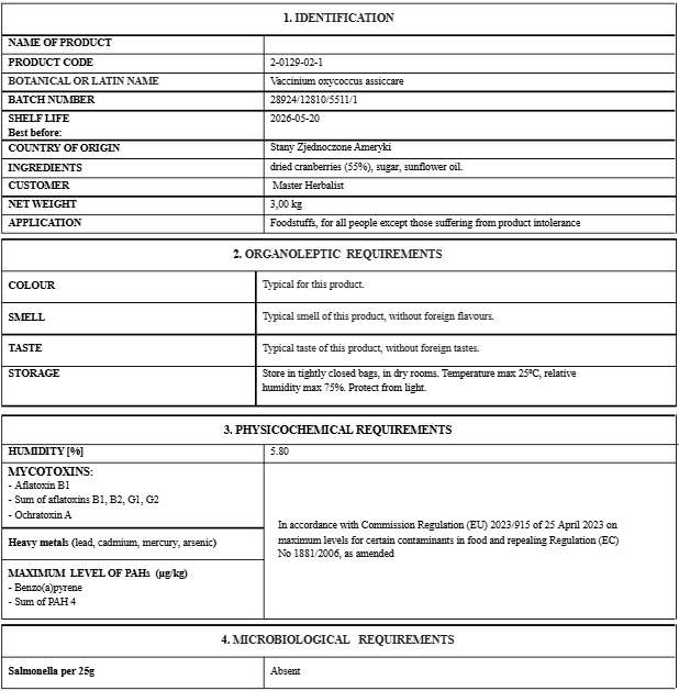 Cranberries whole dried (Vaccinium oxycoccos - L.)  Lab-proven Quality and Purity