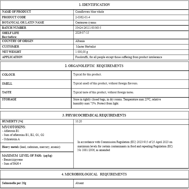 Cornflower flower tea (Centaurea cyanus L.) Lab-proven Quality and Purity