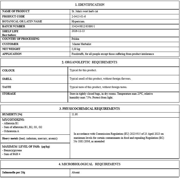 St. John’s Wort herb tea (Hypericum perforatum L.) Lab-proven Quality and Purity