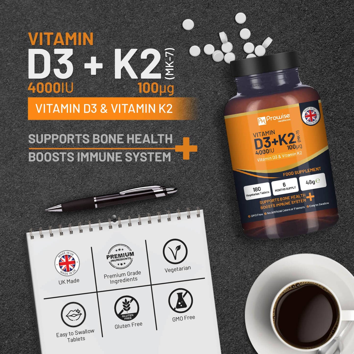 Vitamin D3 4000IU & K2 MK7 100μg Vegetarian Tablets I 180 capsules