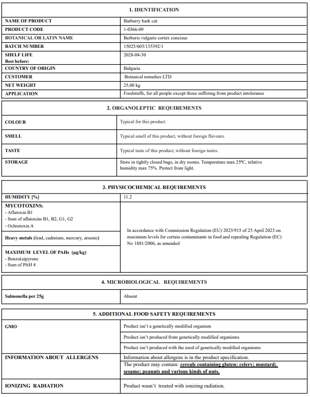 certificate of analysis for barberry bark, including Latin name, applications, organoleptic, psychochemical and microbiological requirements. as well info about allergens, GMO status, and Ionizing radiation status.