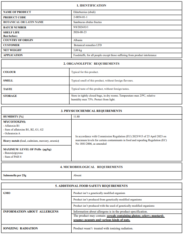 Dwarf Elder berries Product label with detailed information including name, code, botanical name, batch number, weight, microbiological and organoleptic analyse.