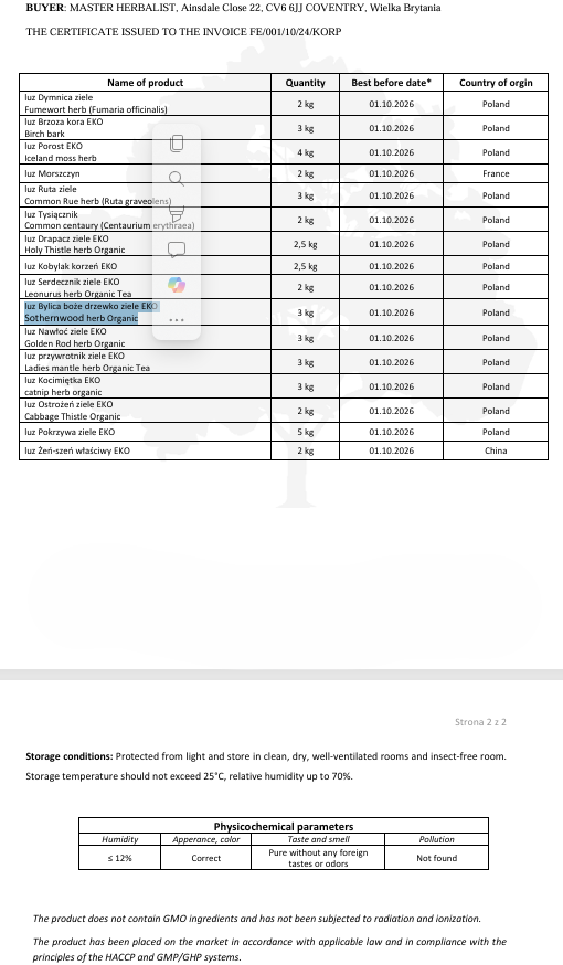 Product certificate for Organic Southernwood herb with details of  storage conditions, identification, organoleptic analysis
