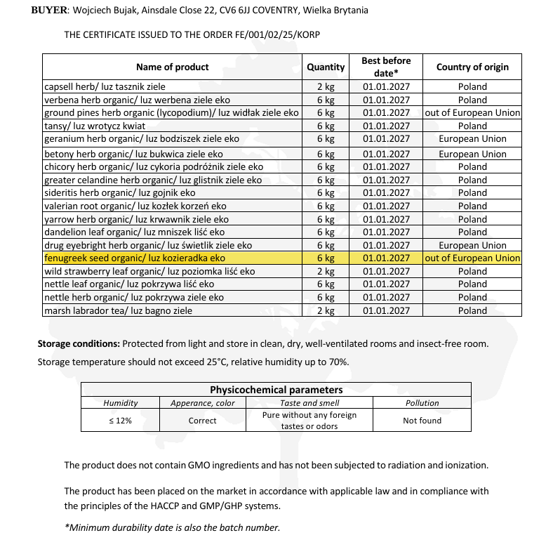 Certificate of authenticity for a Organic Fenugreek Seeds from Botanical remedies with details on quantity, best before date, and country of origin.