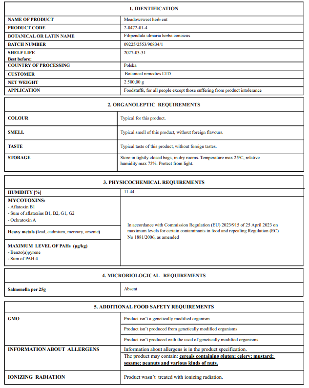 Product label for meadowsweet herb with technical specifications and safety information