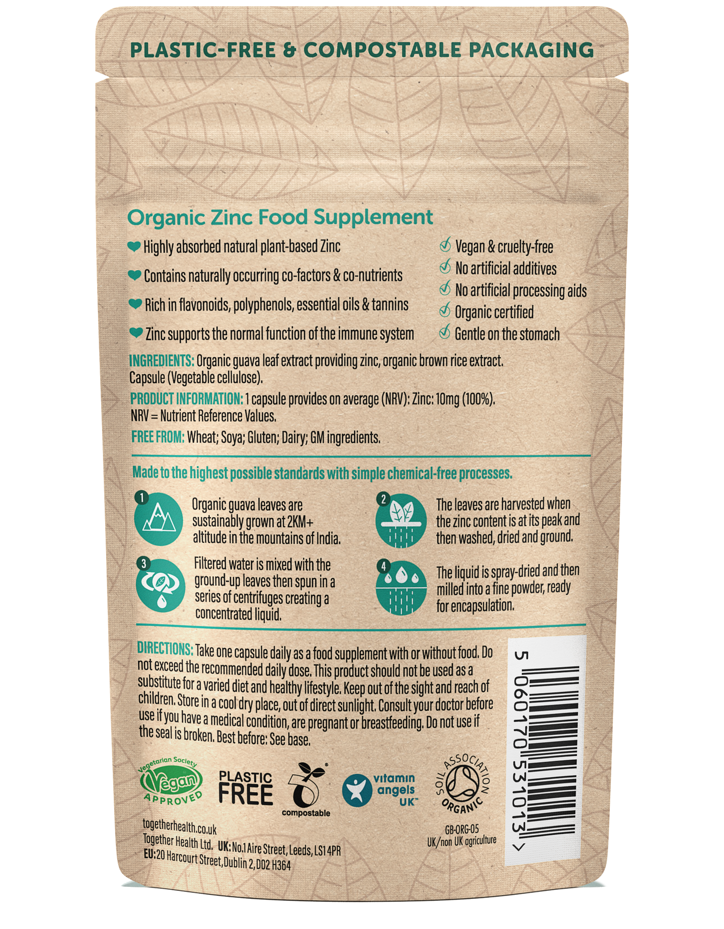 Back of a compostable packaging for an organic zinc food supplement, detailing ingredients, benefits, and usage instructions.